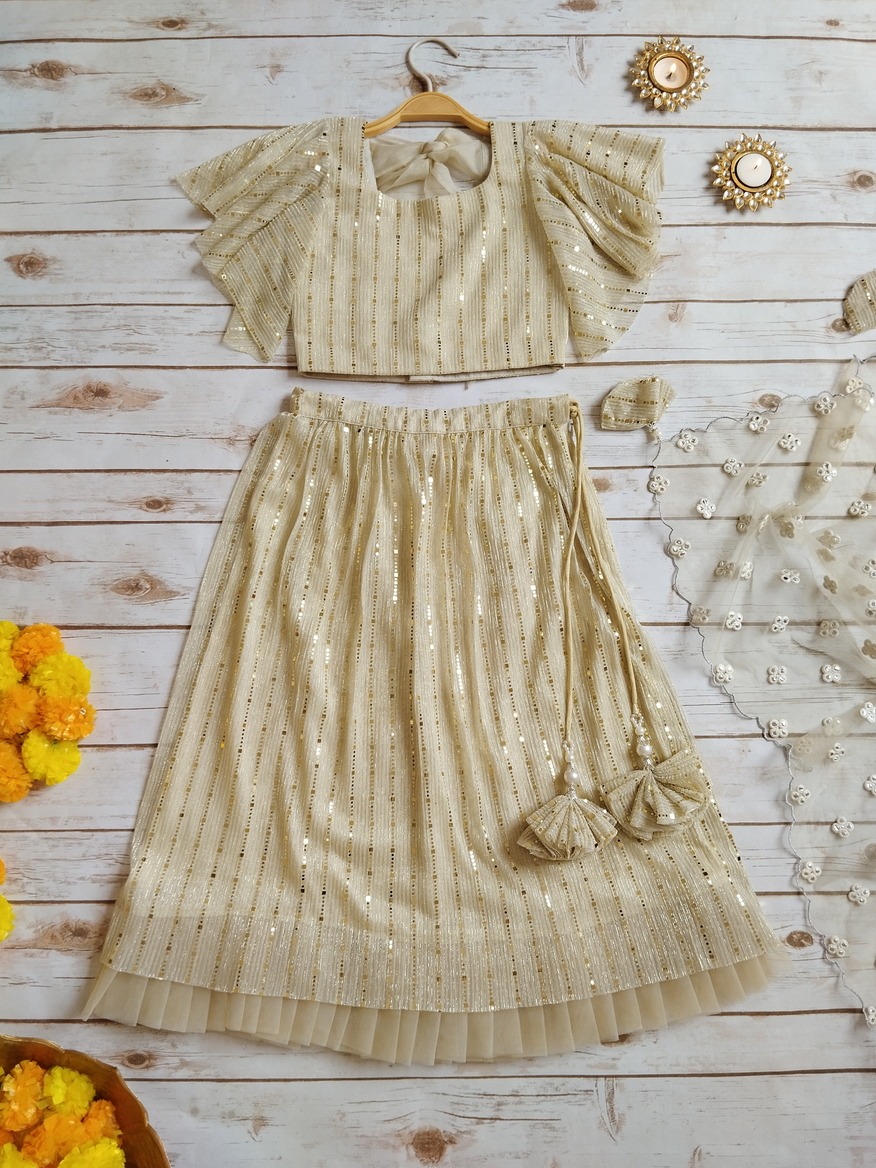 Off White Shimmer Kids Lehenga